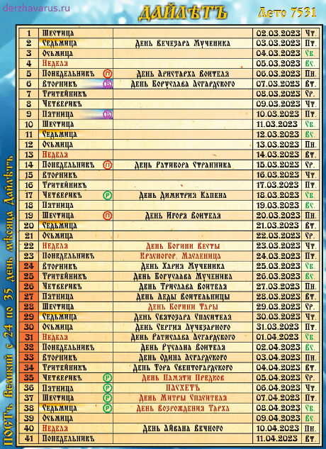 Календарь праздников / Дайлетъ / День Богини Весты, ПАСХЕТЪ и Великий Пост