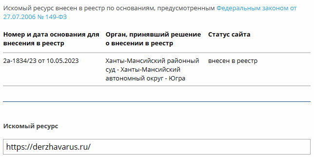 Единый реестр запрещённых сайтов / Блокировка сайта Держава Русь